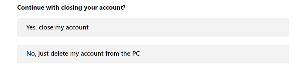 Microsoft screen asking if you want to continue closing your account