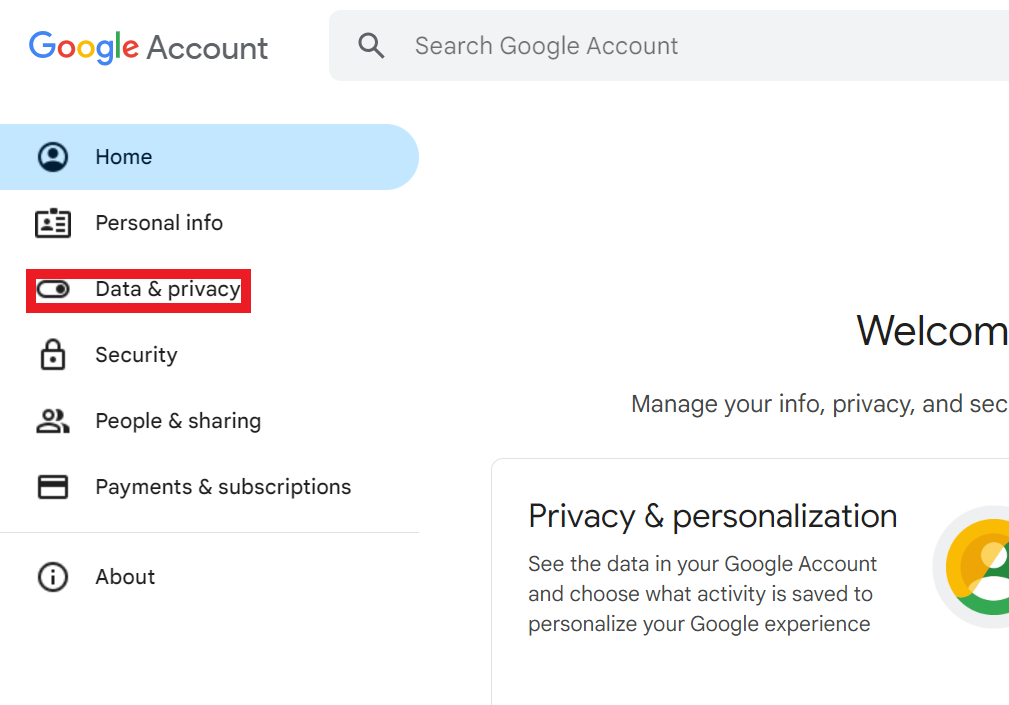 Google Account menu - Data & privacy option 