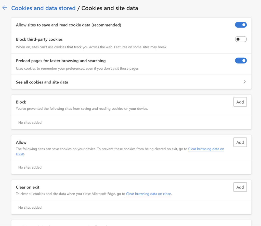 Cookies and data stored browser settings