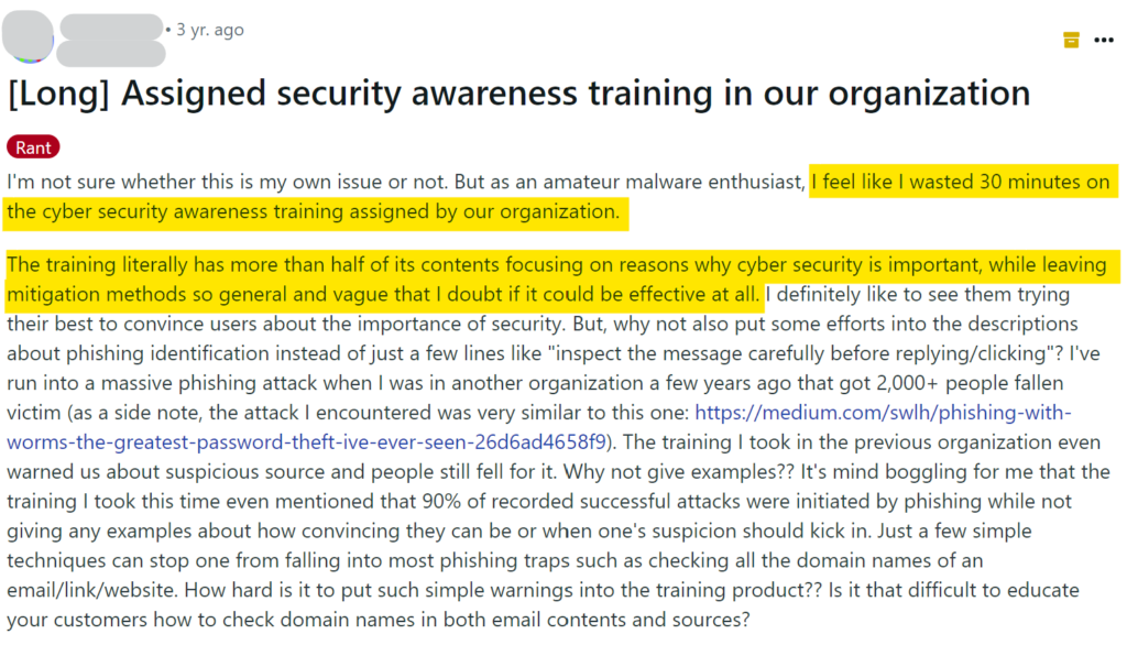 Reddit post about bad security awareness training 