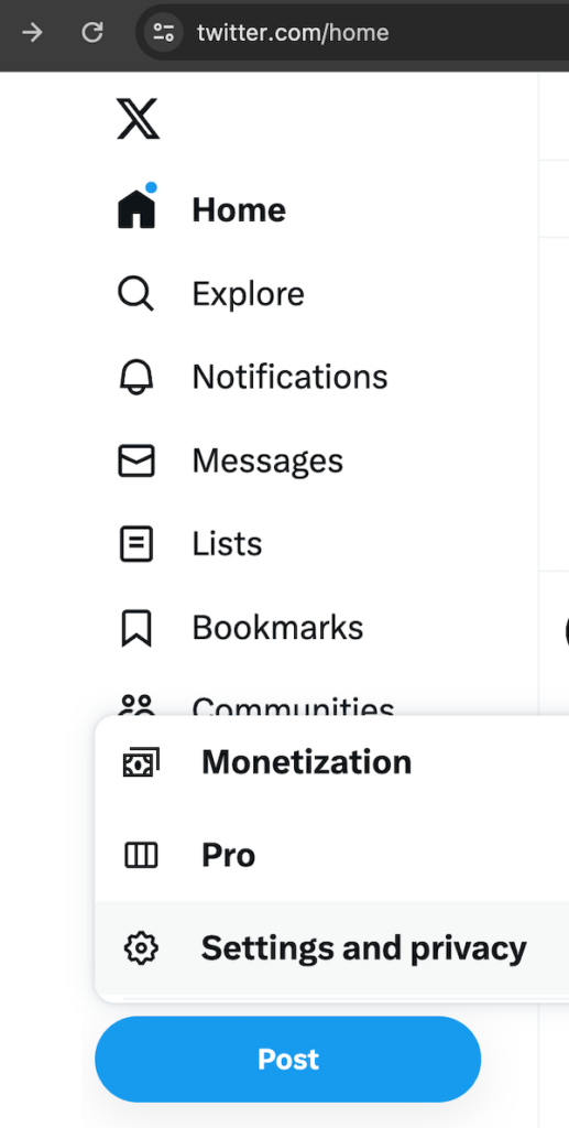 Twitter (X) left-hand menu - "Settings and privacy" button