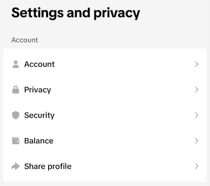 TikTok Settings and privacy page