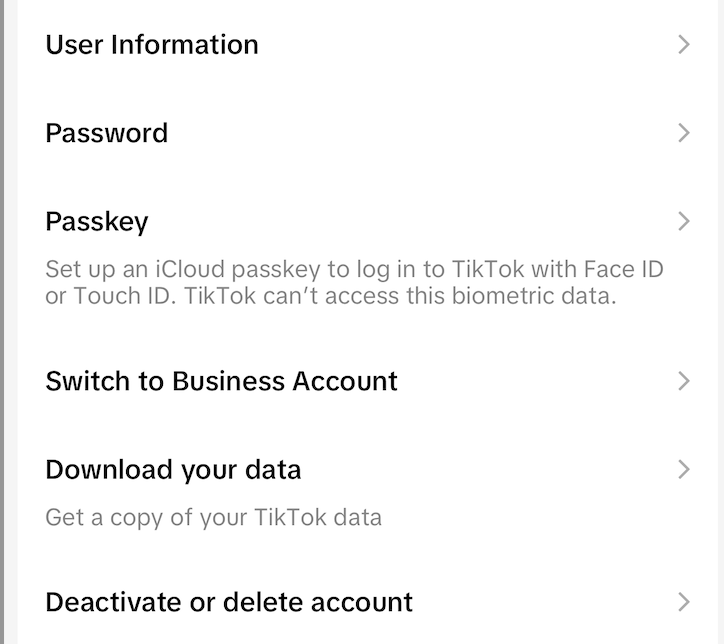 TikTok Deactivate or delete account button