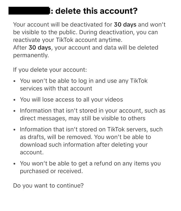 TikTok delete this account? page