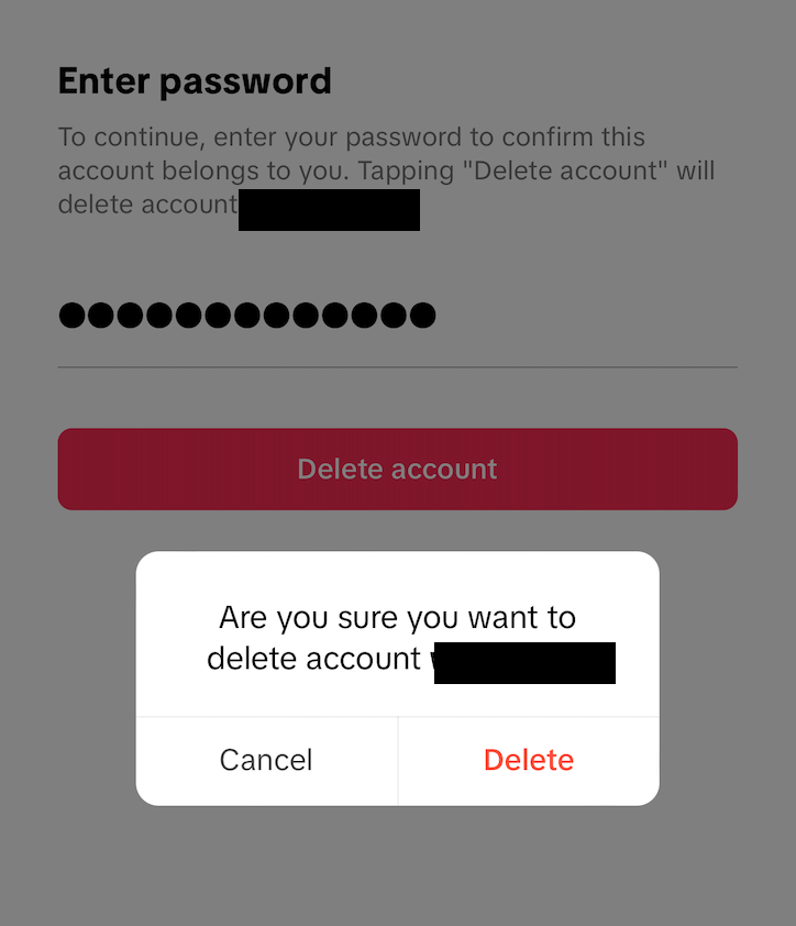 TikTok enter password to delete account 