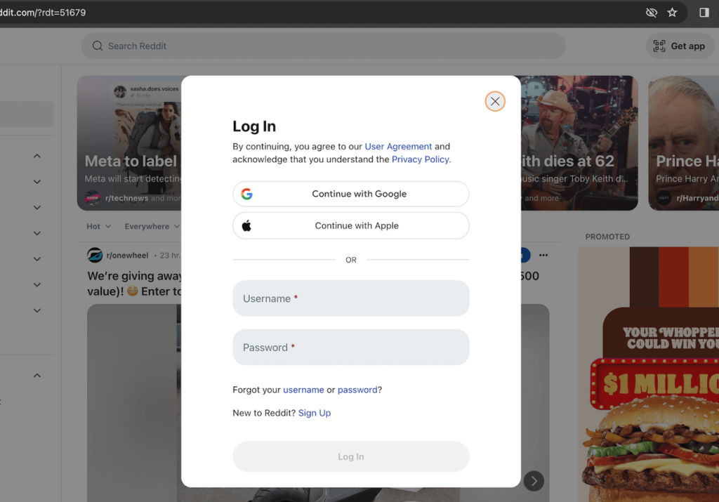 Reddit log in 