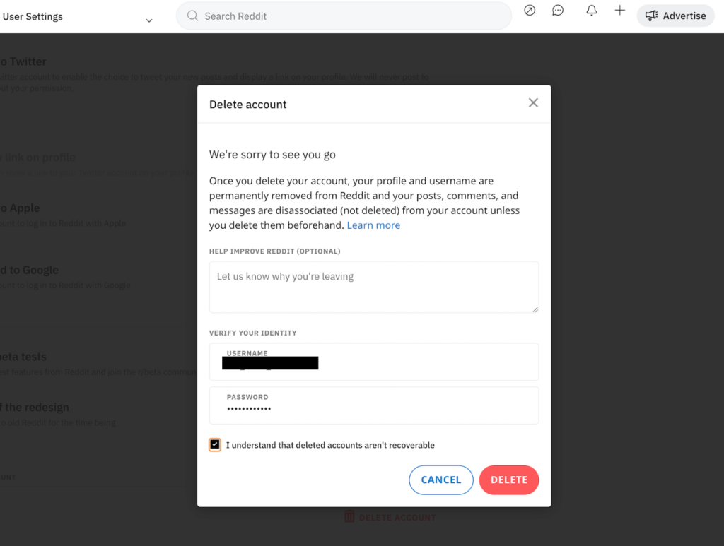 Reddit - delete account