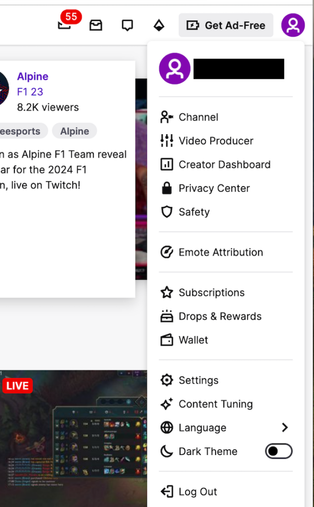 Twitch menu