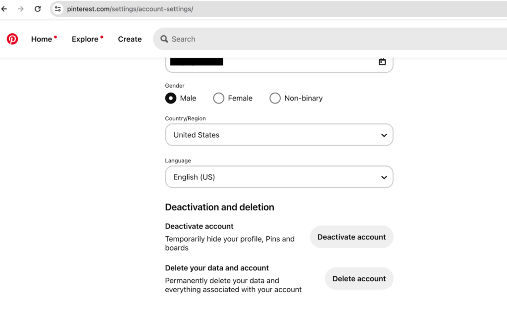 Pinterest account settings - Deactivation and deletion section 