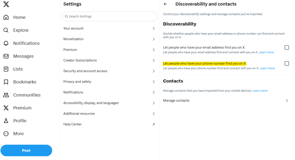 Twitter settings - discoverability and contacts