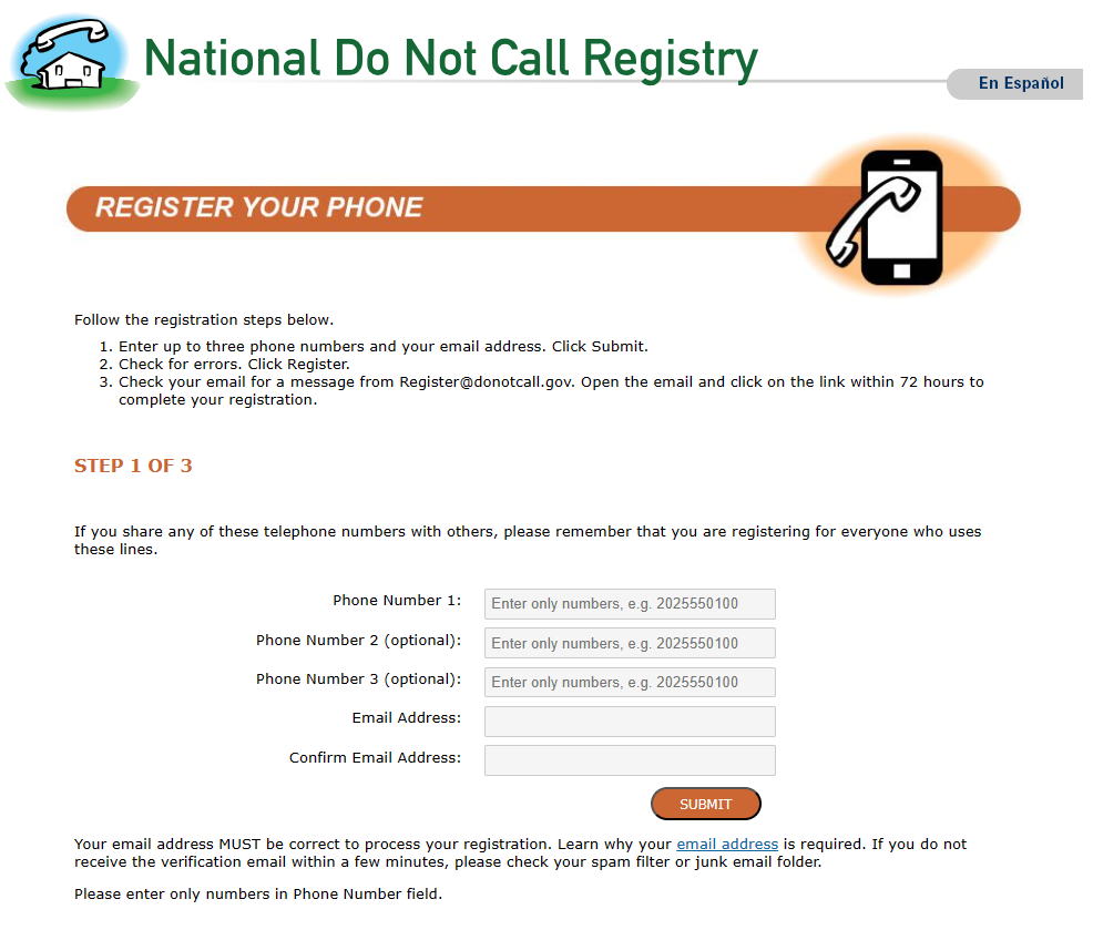 National Do Not Call Registry form