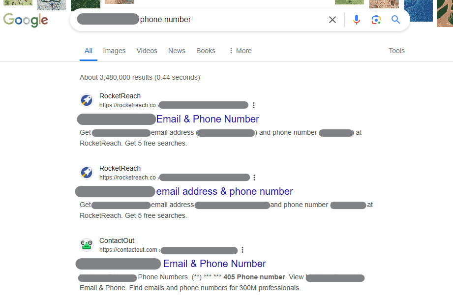 Google search phone number results for a person 