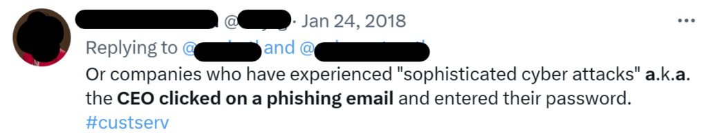 Twitter post about CEO clicking on a phishing email