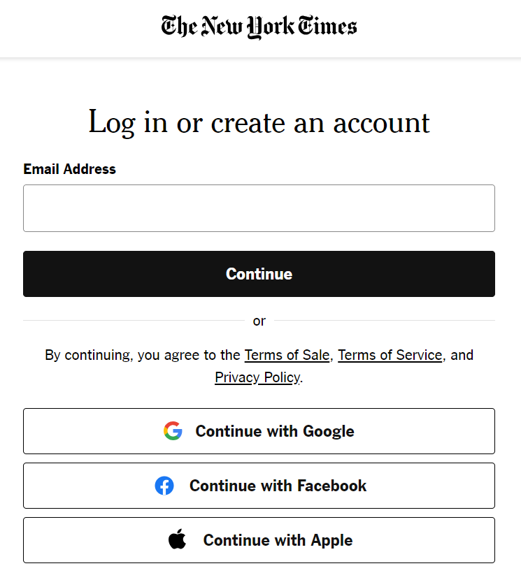 The New York Times sign in page