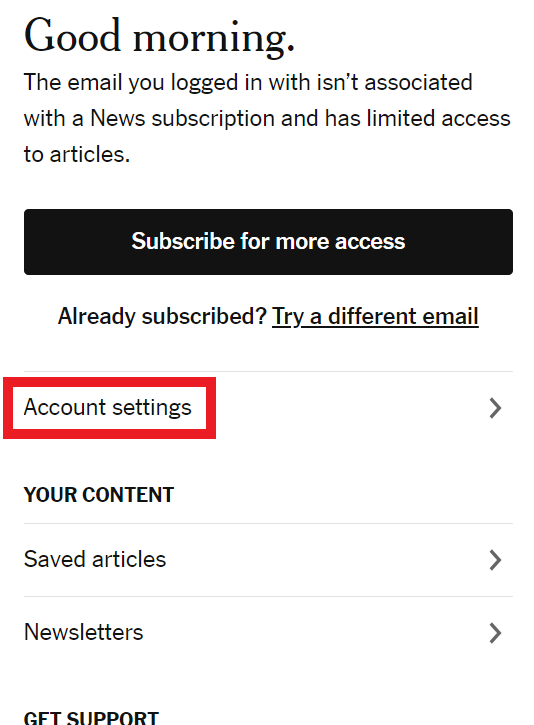 The New York Times account settings option