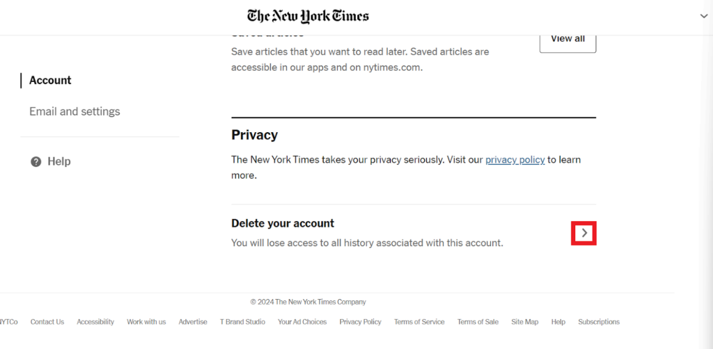 The New York Times account privacy - delete your account option