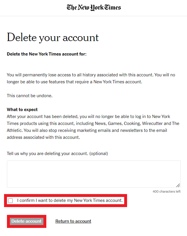 The New York Times delete your account page