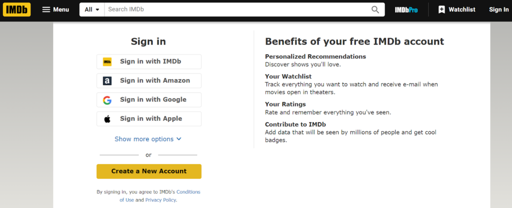IMDb sign in page options