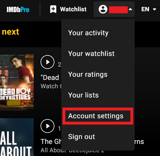 IMDb profile account settings link