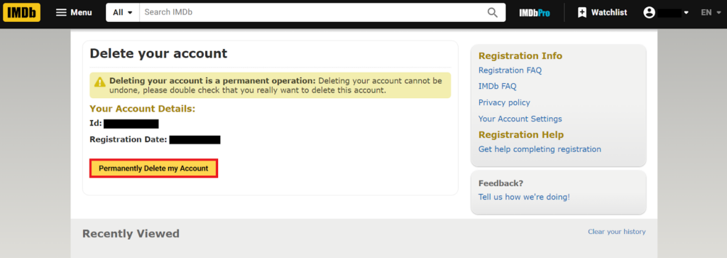 IMDb permanently delete my account button