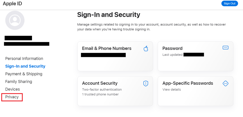 Apple ID Privacy link