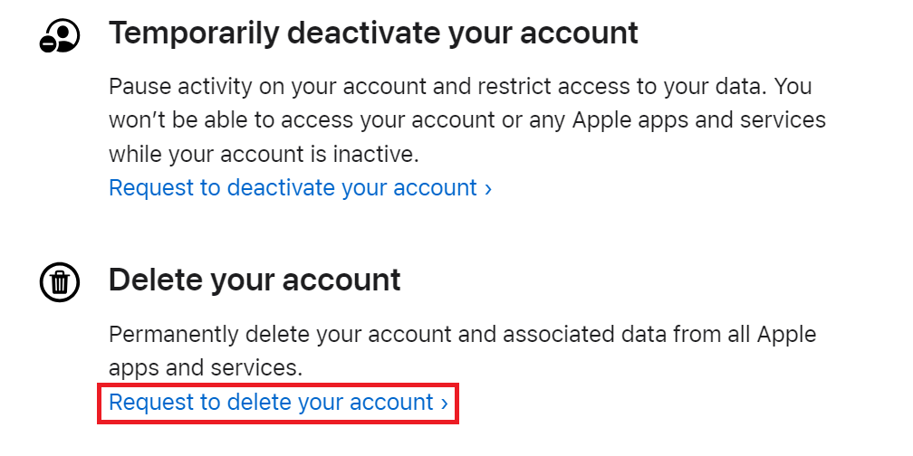 Apple ID Request to delete your account link