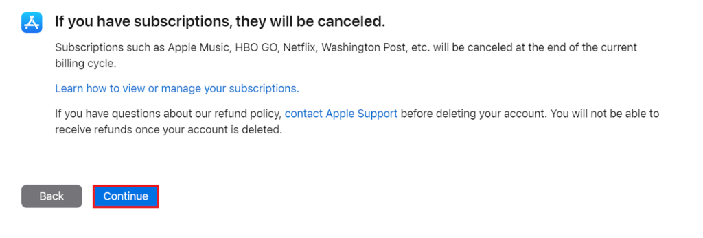 Apple ID - "If you have subscriptions, they will be canceled" page