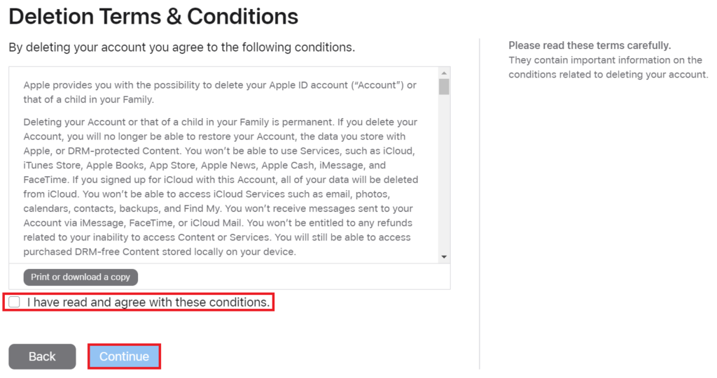 Apple ID Deletion terms & conditions