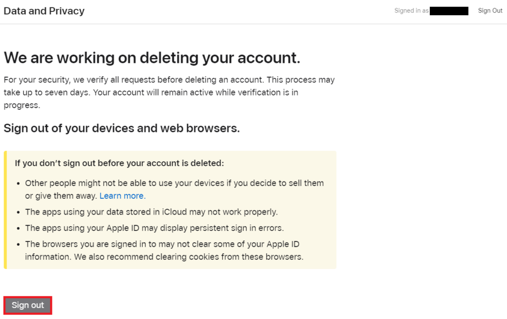 Apple ID - we are working on deleting your account. Sign out link