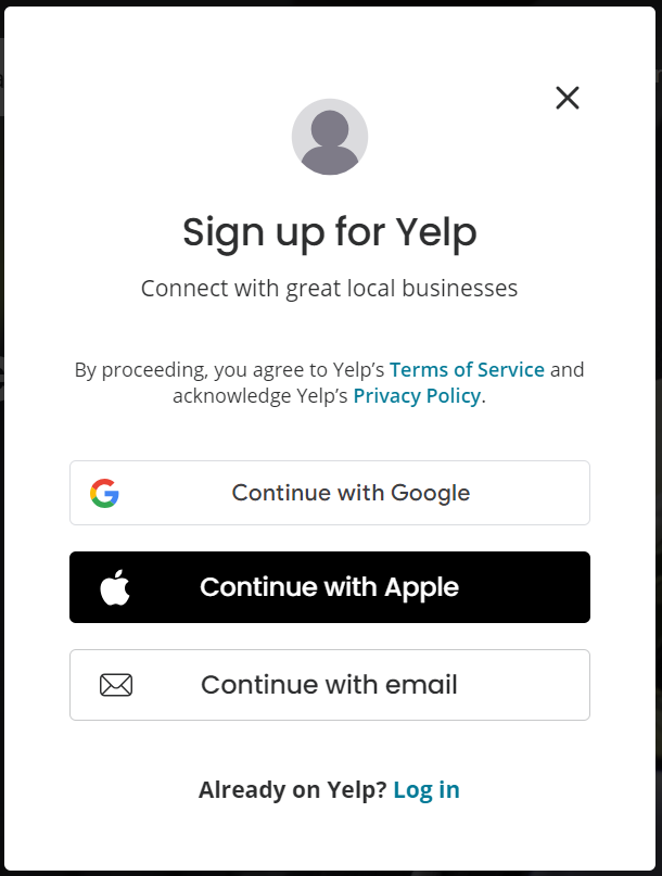 Yelp login options 