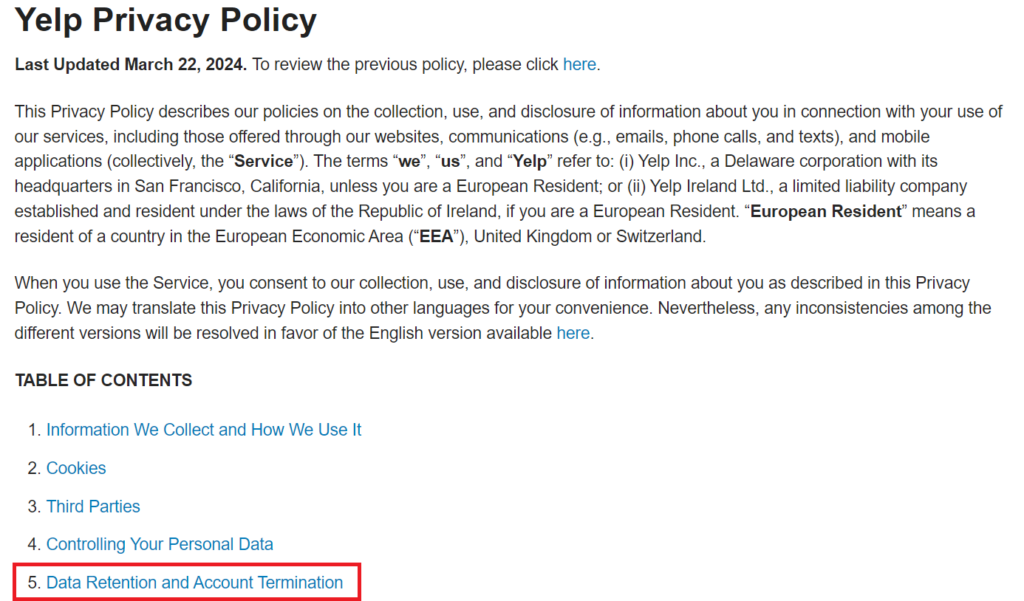 Yelp Privacy Policy - Data Retention and Account Termination