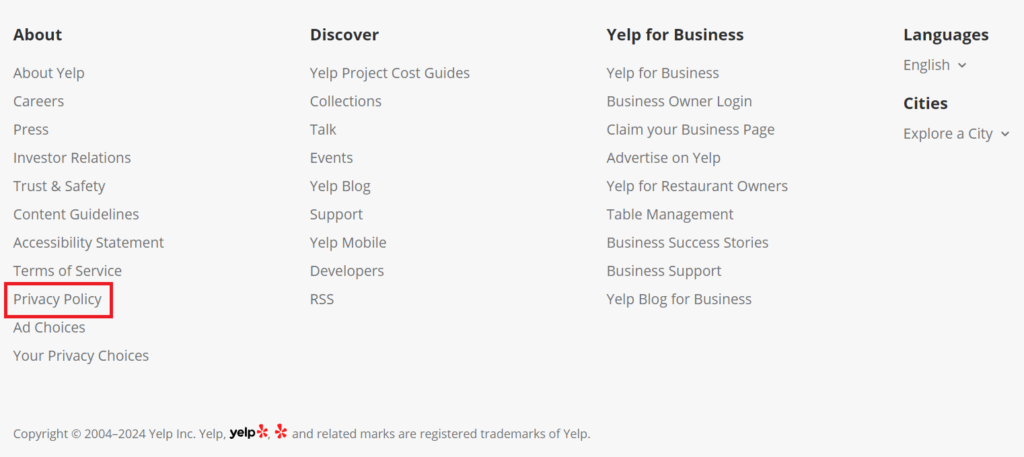 Yelp footer - Privacy Policy link