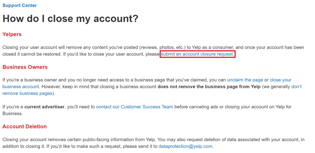 Yelp - how do I close my account page with a hyperlink to submit an account closure request