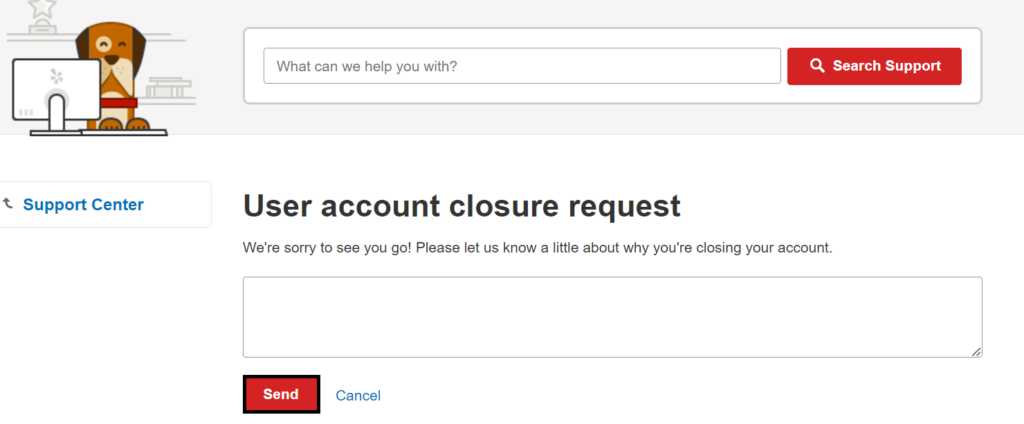 Yelp user account closure request - "send" button