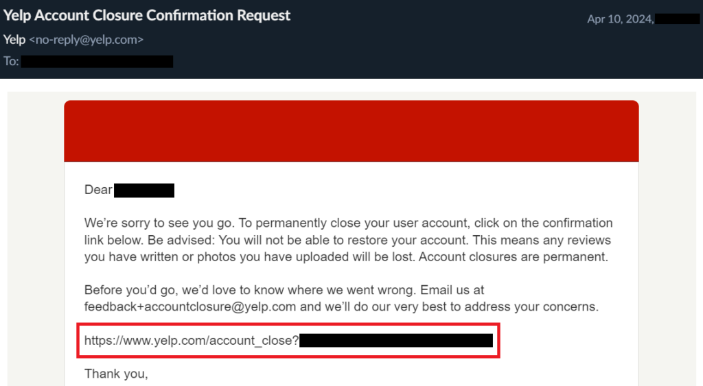 Yelp confirmation email for closing account