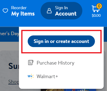 Walmart sign in or create account button