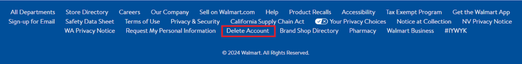Walmart footer - Delete account 