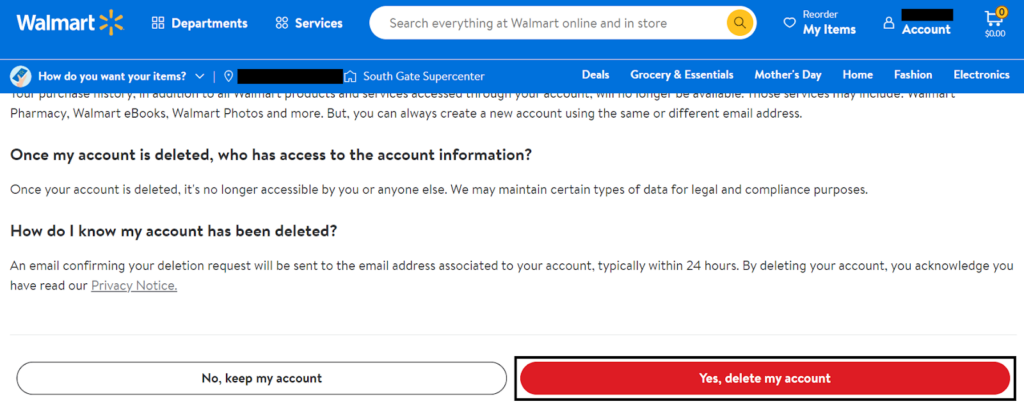 Walmart - "Yes, delete my account" button
