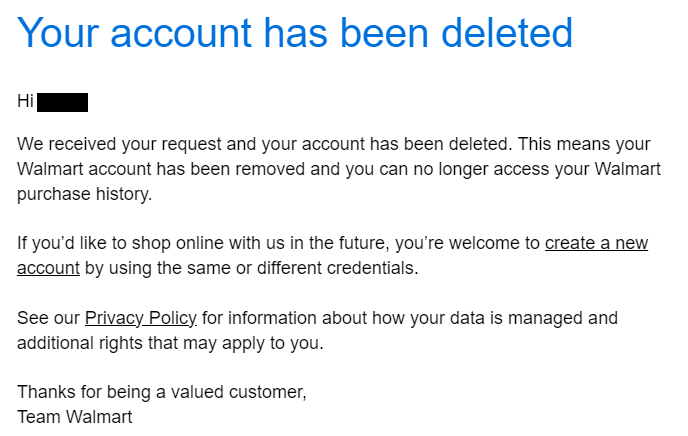Walmart - your account has been deleted 
