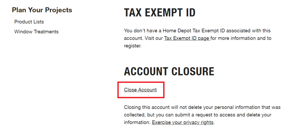 Home Depot close account link