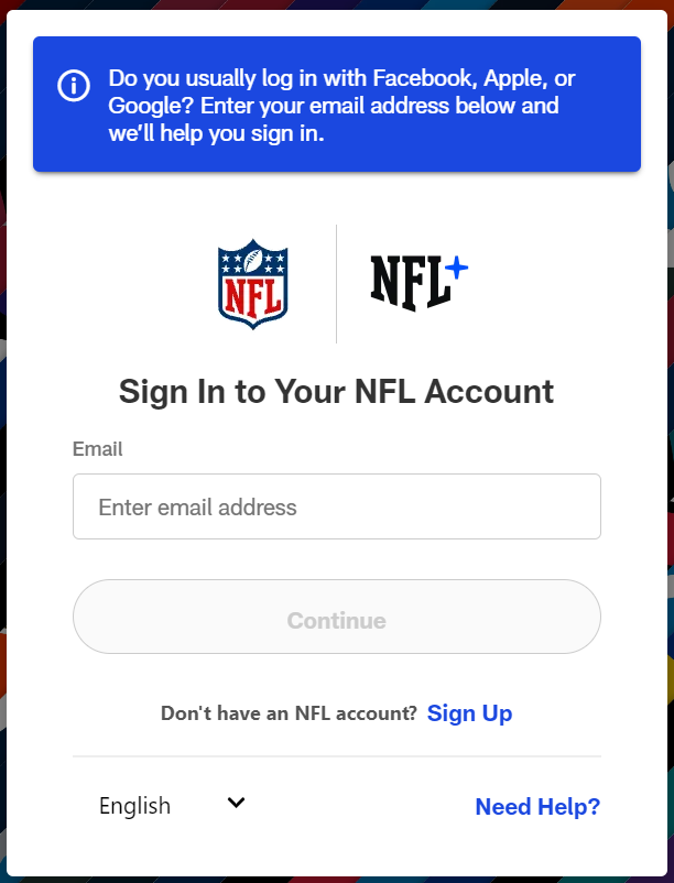NFL sign in page