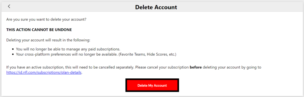 NFL Delete my account button 