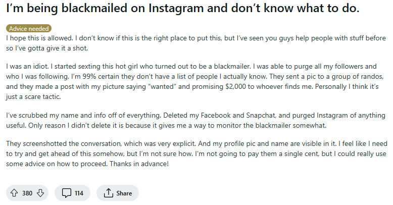 Reddit post about being blackmailed on Instagram