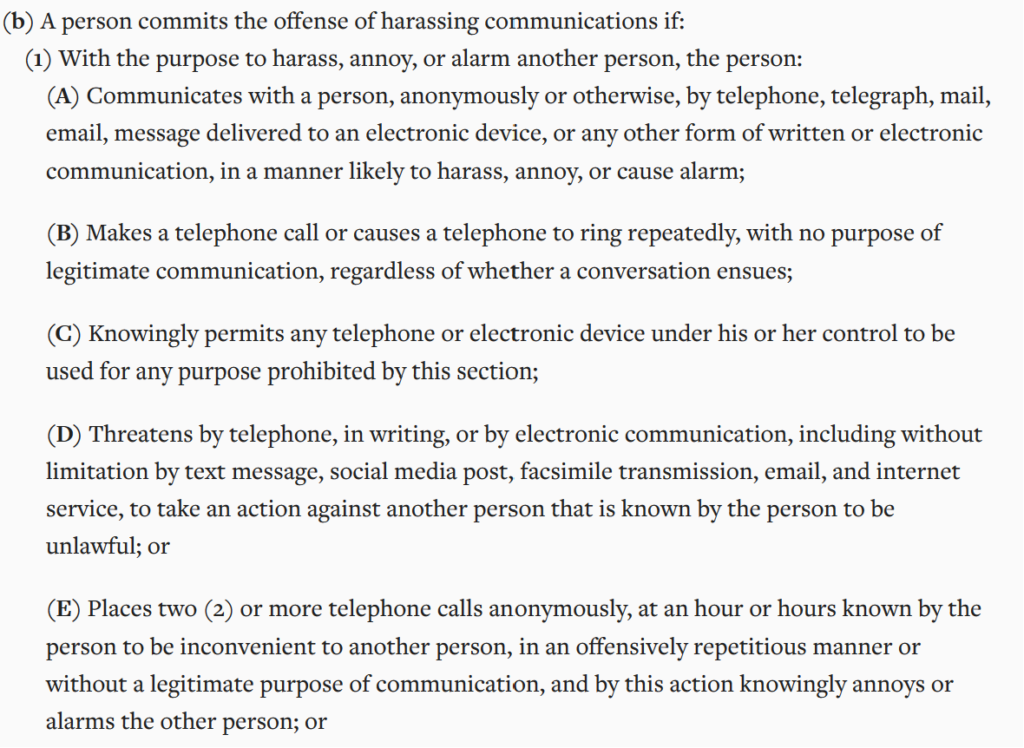 Arkansas harassing communications law - Ark. Code § 5-71-209