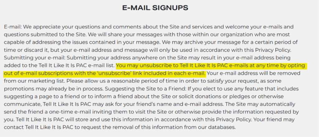Tell it like it is privacy policy - e-mail signups 