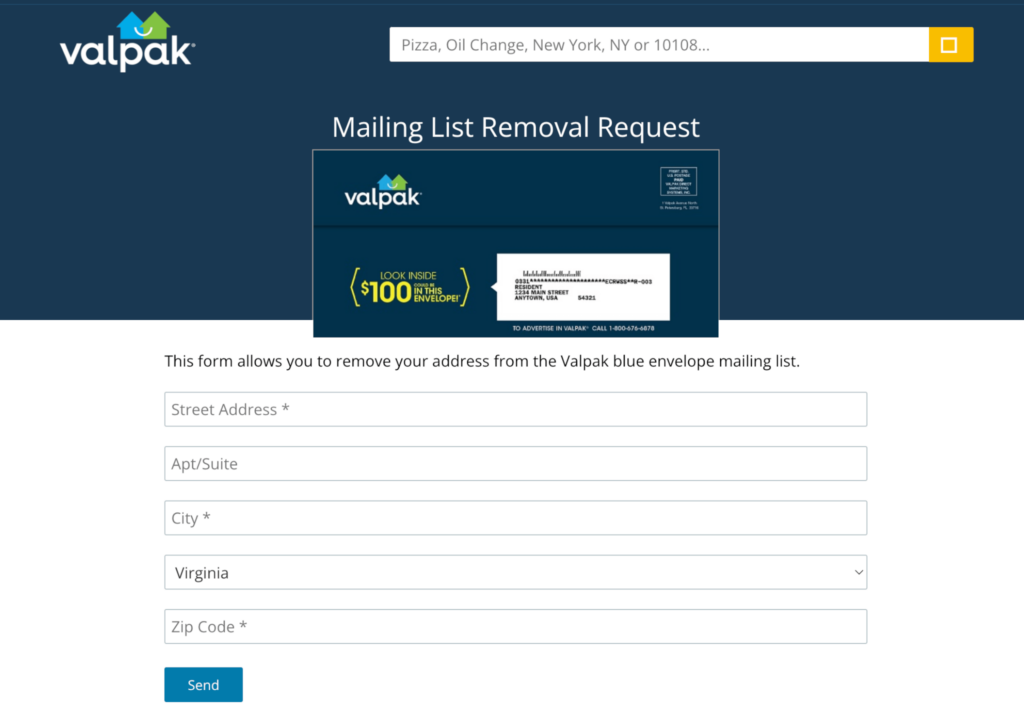 Valpak mailing list removal request