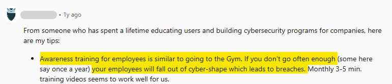 Reddit awareness training post - awareness training is like going to the gym 