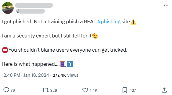 Twitter/X post from a security expert who got phished 