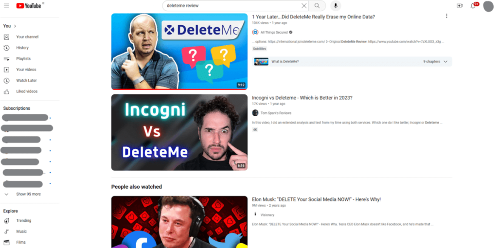 YouTube search "deleteme review" page