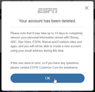 ESPN your account has been deleted page